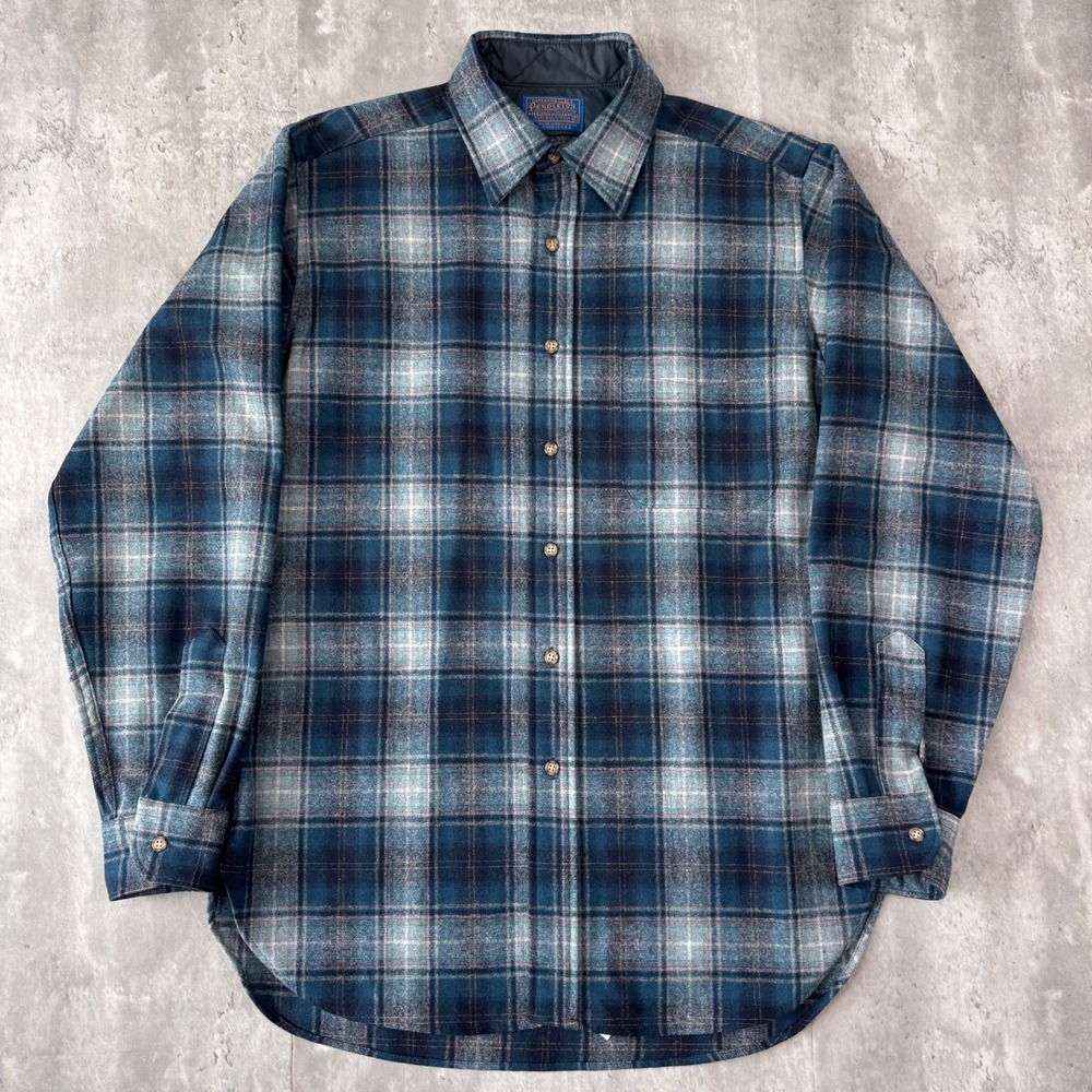 Vintage Pendleton Shirt Mens M Blue Shadow Plaid Virgin Wool Flannel USA 70s